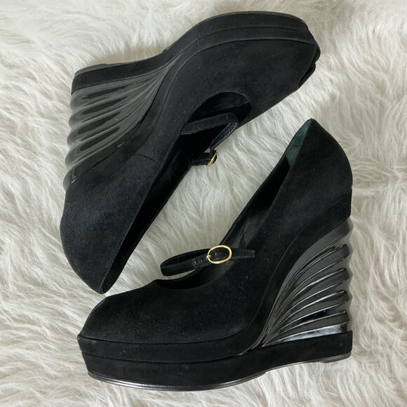 YSL Yves Saint Laurent Black Suede Robyn Winged Molded Wedge Pumps 39.5 US 9.5 - Picture 5 of 7